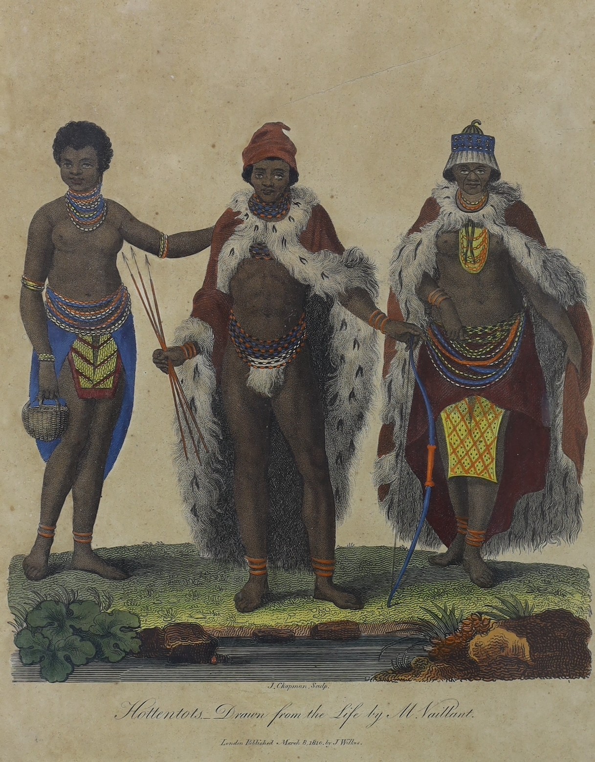 J. Chapman after Wilkes, coloured engraving, 'Hottentots - drawn from the Life by M. Vaillant', 1810, 23 x 18cm
